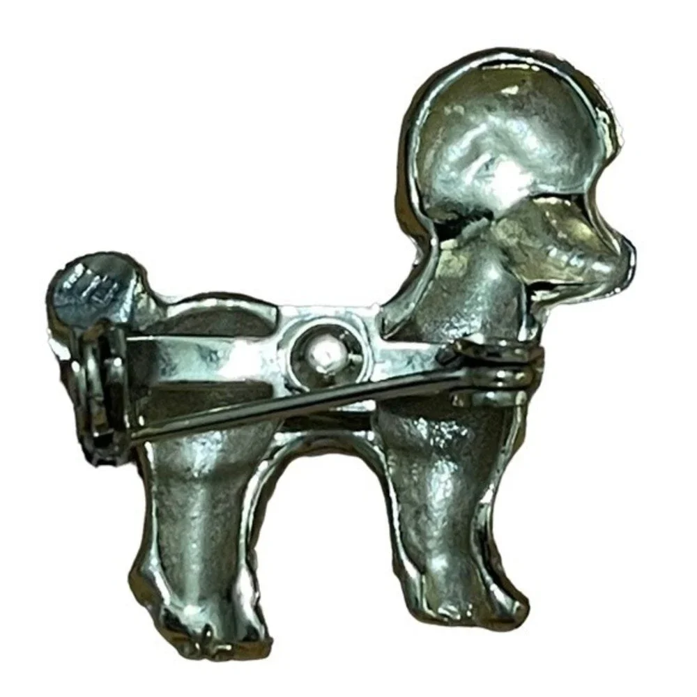 Vintage CCI Poodle Brooch Dog Pin Gold Tone Textured Green Gem Stone Eye Collar